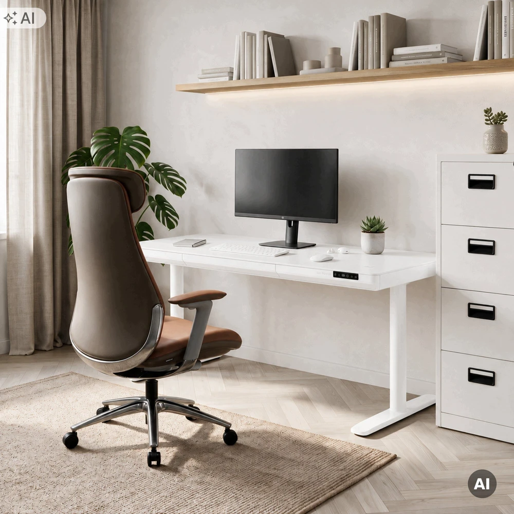 Stalas Jan Nowak Elektrinis sit-stand su stalčiumi ir belaidžiu Qi įkrovikliu, baltas, 1600 mm: ELLIS (5907367514773)