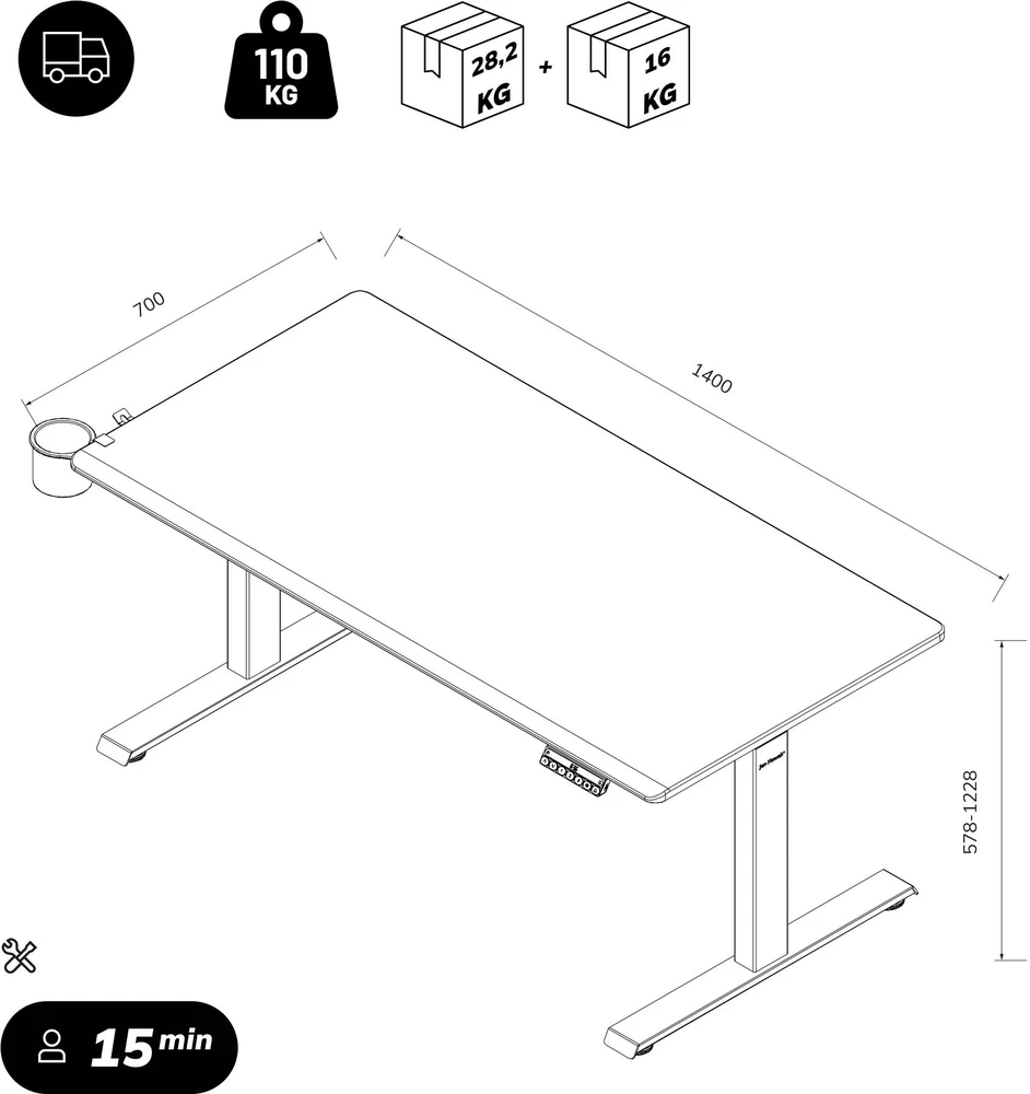 Stalo Jan Nowak Elektrinis aukštį reguliuojantis ergonominis baltas/riešutmedis, 1400x700 mm: Aria (5907367517422)