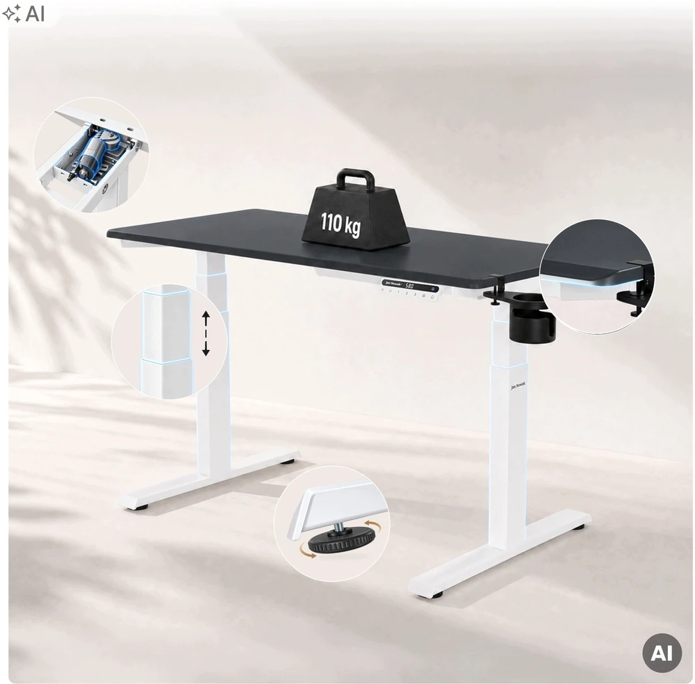 Stalo Jan Nowak Elektrinis su aukščio reguliavimu ergonomiškas baltai antracitinis, 1200x600 mm: ARIA (5907367517354)