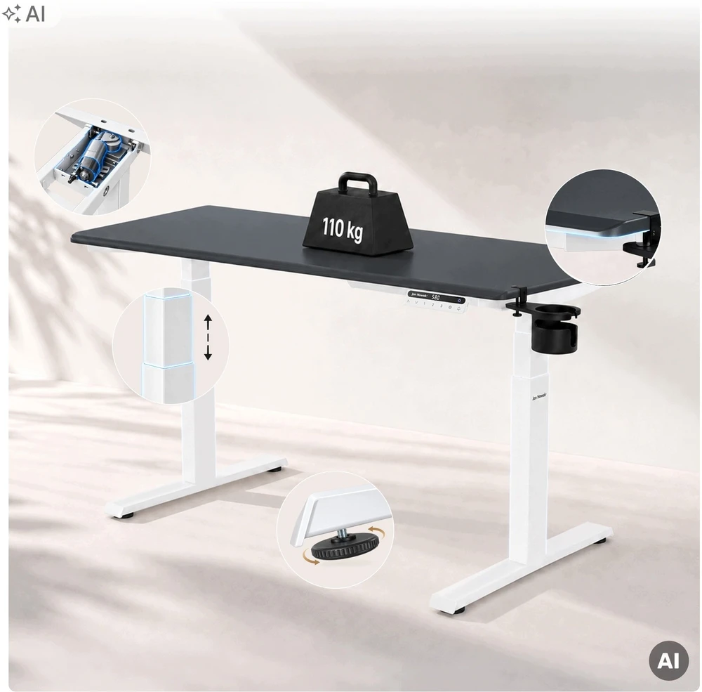 Stalas Jan Nowak Elektrinis reguliuojamo aukščio ergonominis baltai antracitinis, 1400x700 mm: ARIA (5907367517361)