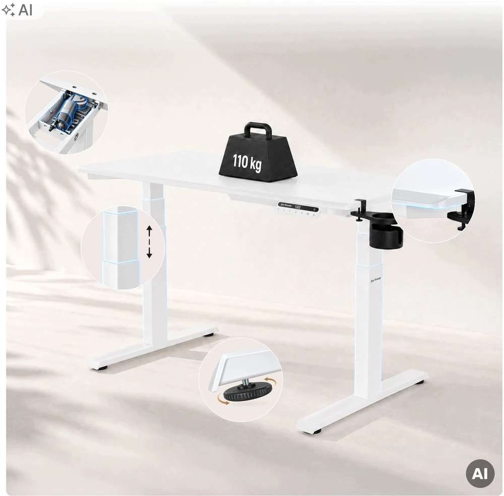 Ergonominis elektrinis staliukas su reguliuojamu aukščiu, baltas, 1200x600 mm: ARIA (5907367517323) Jan Nowak