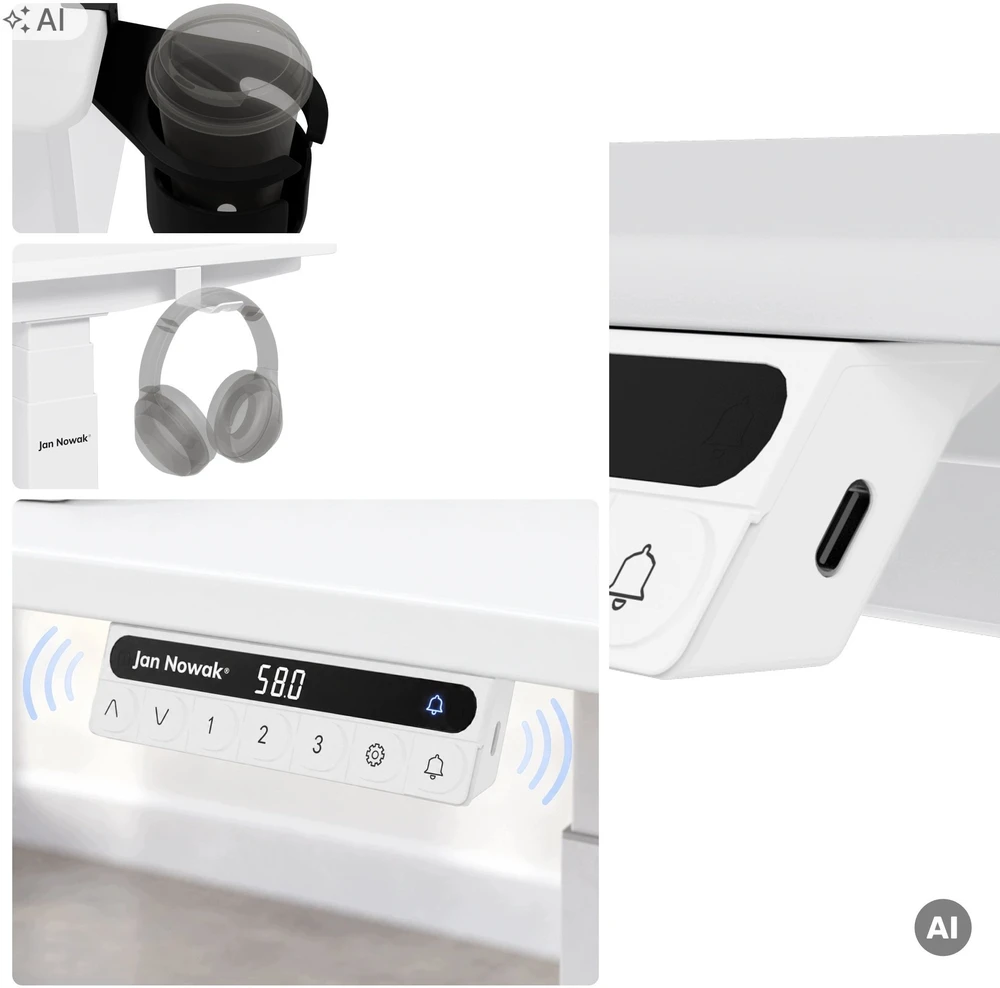 Ergonominis elektrinis staliukas su reguliuojamu aukščiu, baltas, 1200x600 mm: ARIA (5907367517323) Jan Nowak