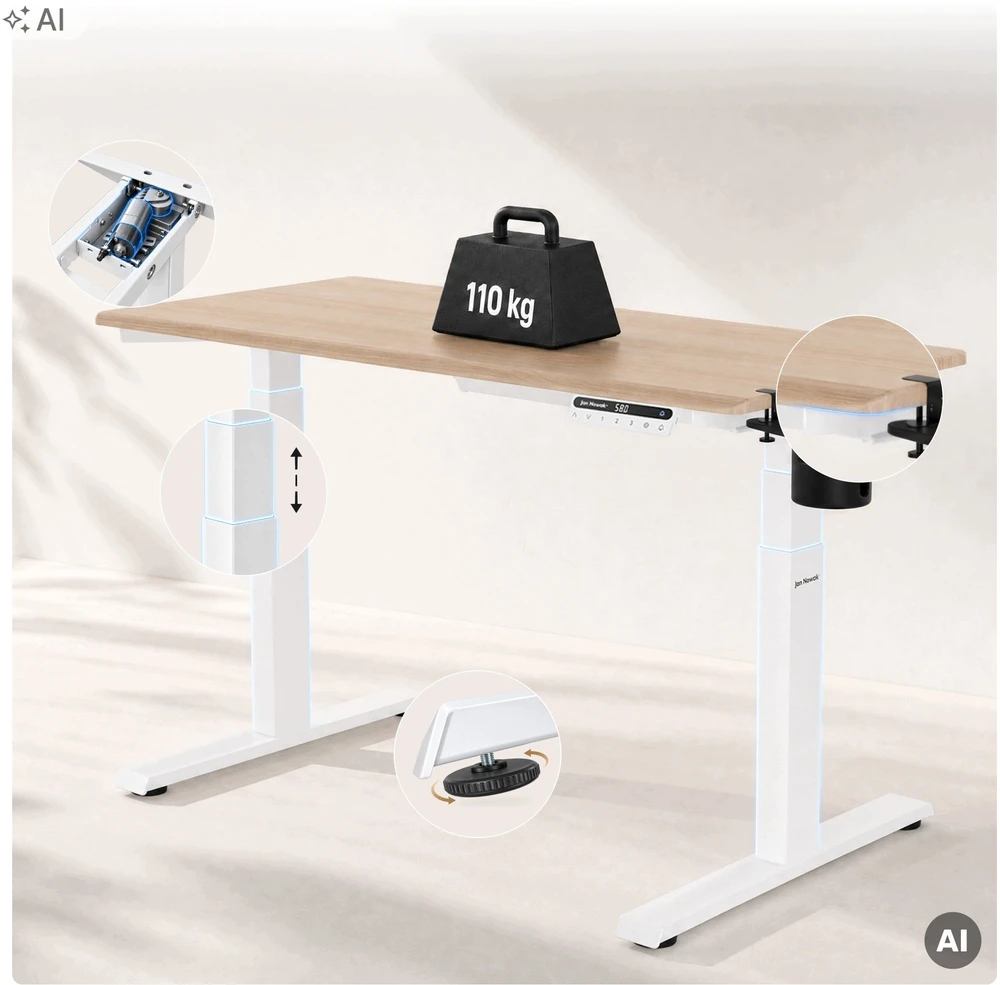 Stalinių Jan Nowak Elektrinis aukštį reguliuojantis ergonominis baltas/dąb sonoma, 1200x600 mm: ARIA (5907367517385)