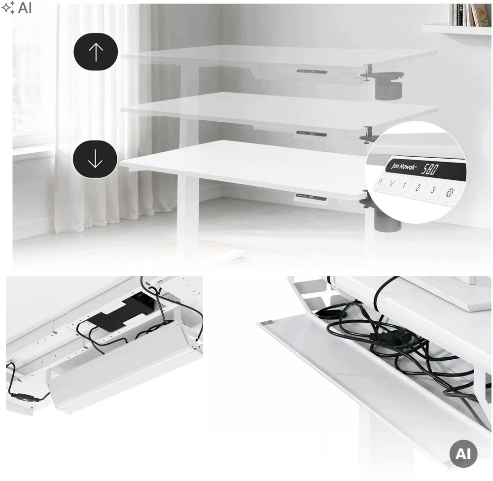 Ergonominis elektrinis staliukas su reguliuojamu aukščiu, baltas, 1200x600 mm: ARIA (5907367517323) Jan Nowak