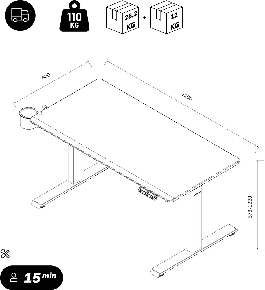Ergonominis elektrinis staliukas su reguliuojamu aukščiu, baltas, 1200x600 mm: ARIA (5907367517323) Jan Nowak