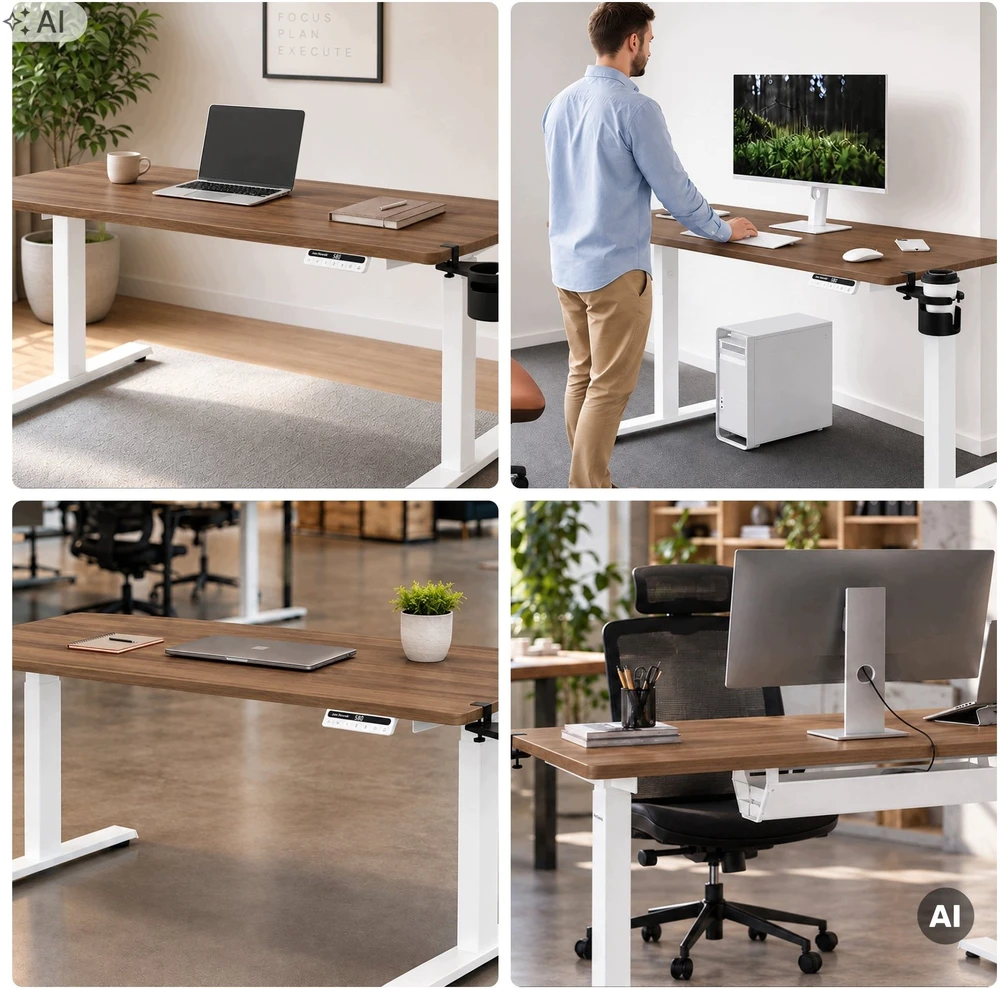 Stalo Jan Nowak Elektrinis aukštį reguliuojantis ergonominis baltas/riešutmedis, 1400x700 mm: Aria (5907367517422)