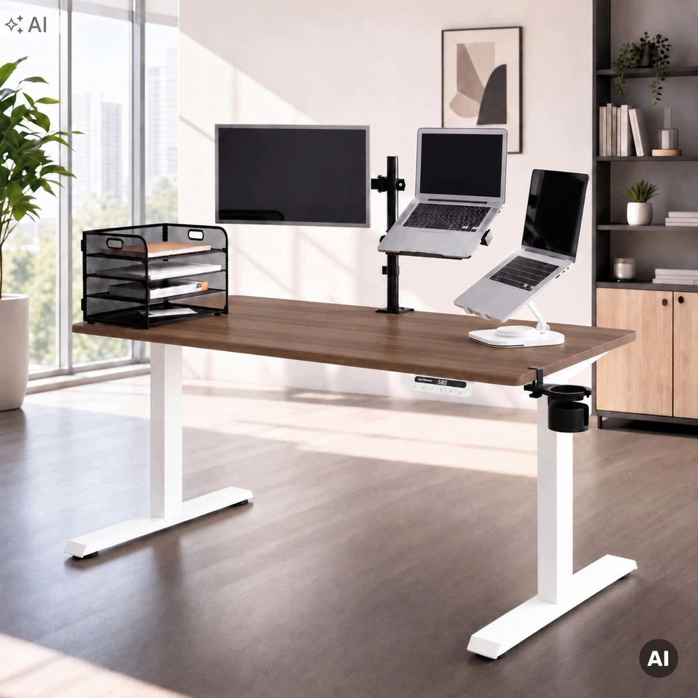 Stalo Jan Nowak Elektrinis aukštį reguliuojantis ergonominis baltas/riešutmedis, 1400x700 mm: Aria (5907367517422)