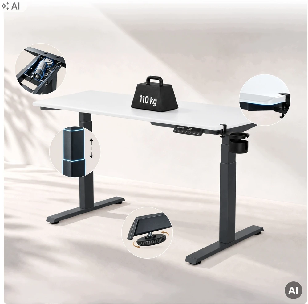 Stalinis Jan Nowak Elektrinis su aukščio reguliavimu ergonomiškas antracito-baltas, 1400x700 mm: ARIA (5907367517453)