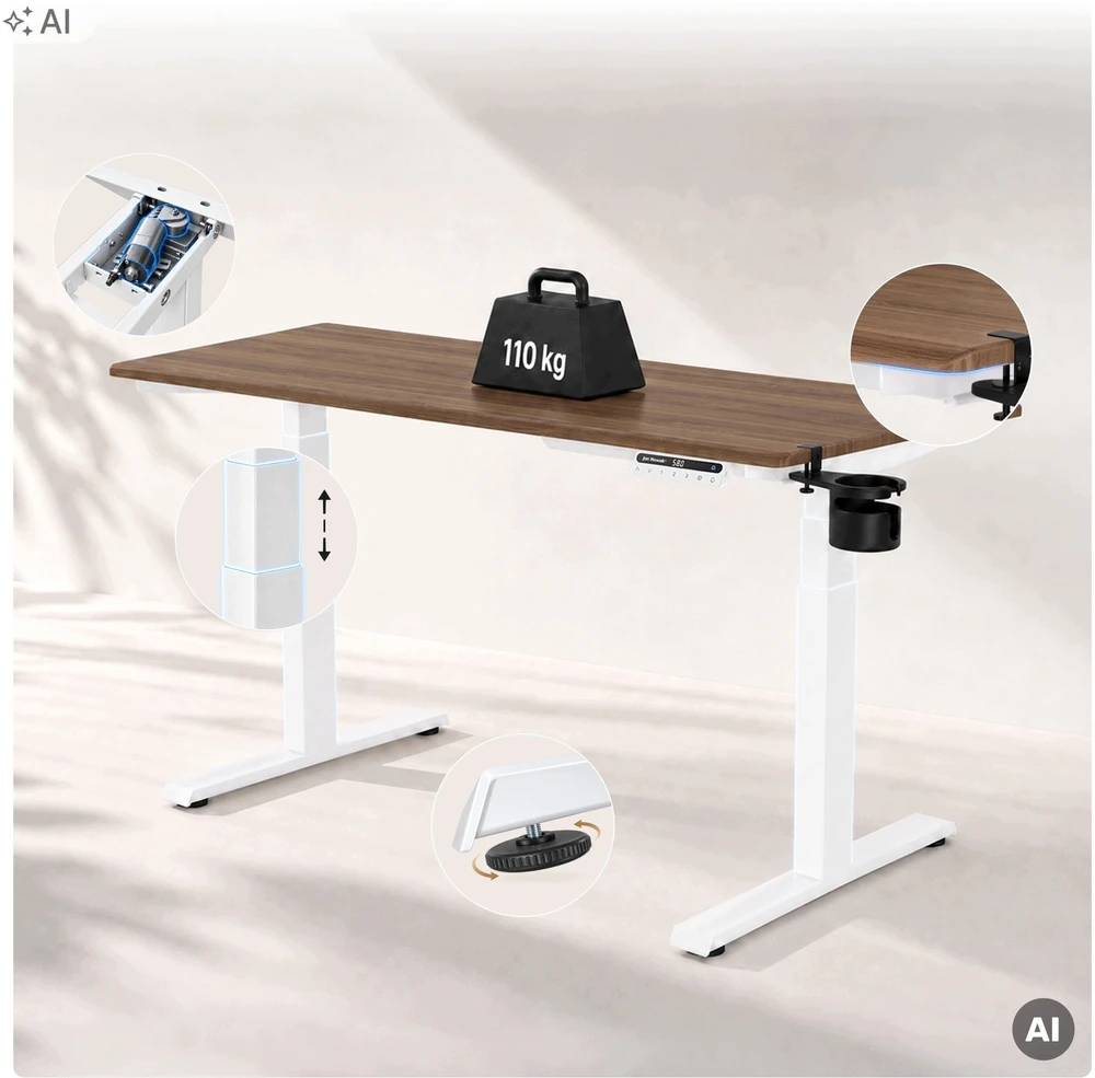 Stalomas Jan Nowak Elektrinis su reguliuojamu aukščiu ergonomiškas baltas/riešutmedis, 1600x800 mm: ARIA (5907367517439)