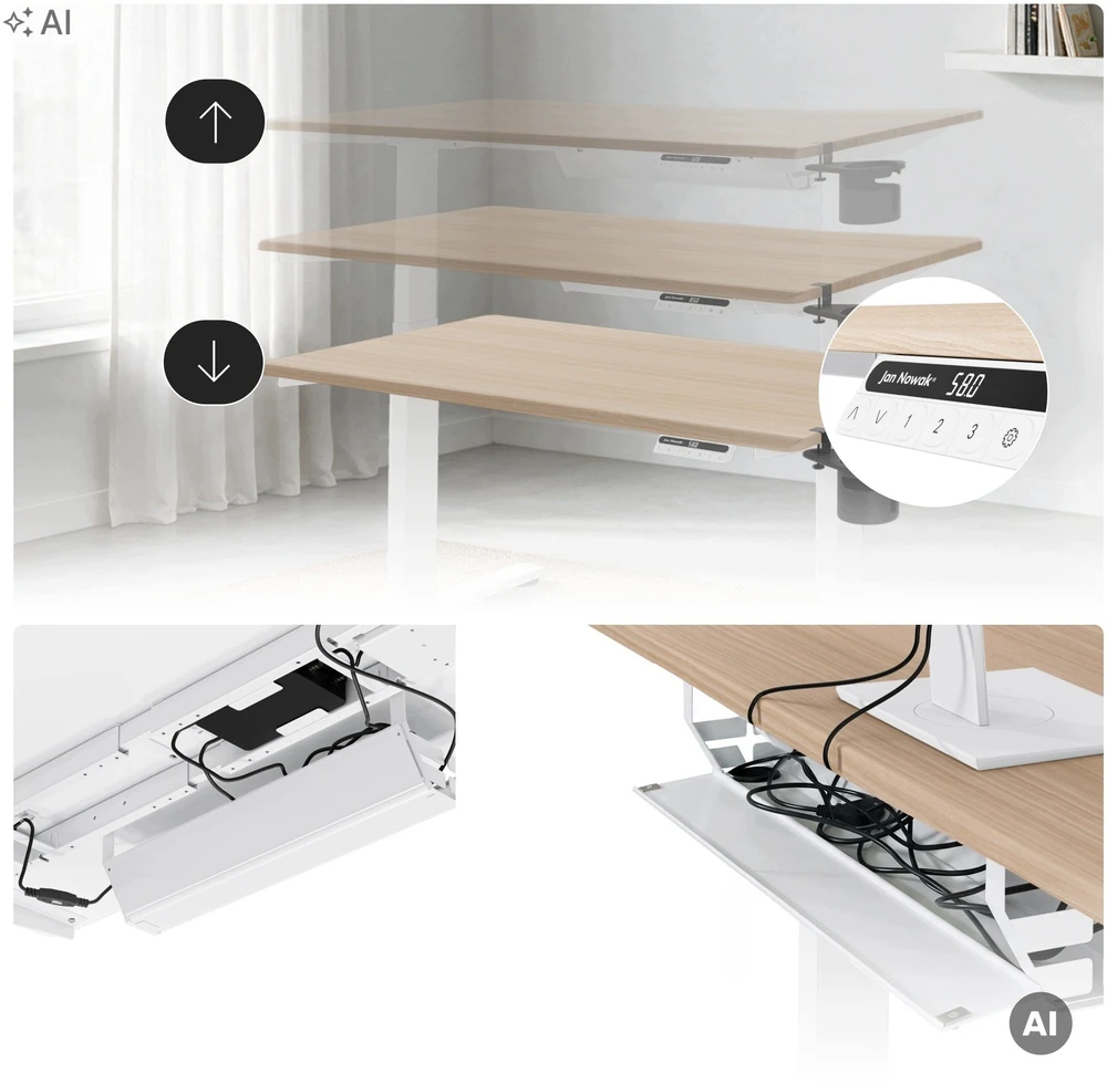 Stalinių Jan Nowak Elektrinis aukštį reguliuojantis ergonominis baltas/dąb sonoma, 1200x600 mm: ARIA (5907367517385)