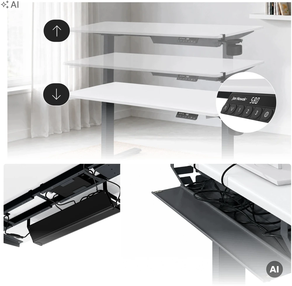 Stalinis Jan Nowak Elektrinis su aukščio reguliavimu ergonomiškas antracito-baltas, 1400x700 mm: ARIA (5907367517453)