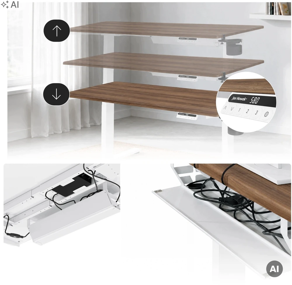 Stalo Jan Nowak Elektrinis aukštį reguliuojantis ergonominis baltas/riešutmedis, 1400x700 mm: Aria (5907367517422)