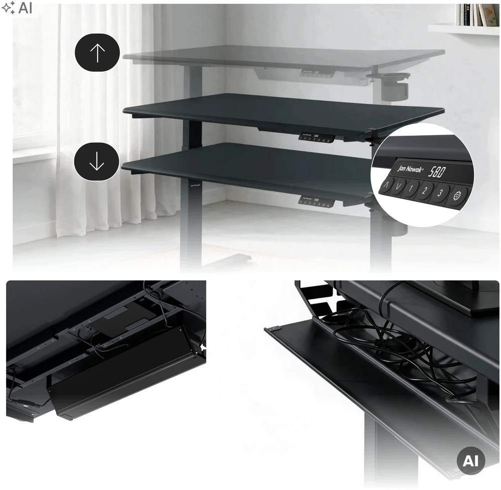 Ergonomiškas elektrinis reguliuojamo aukščio rašomasis stalas, antracito spalvos, 1200x600 mm: ARIA (5907367517477) Jan Nowak