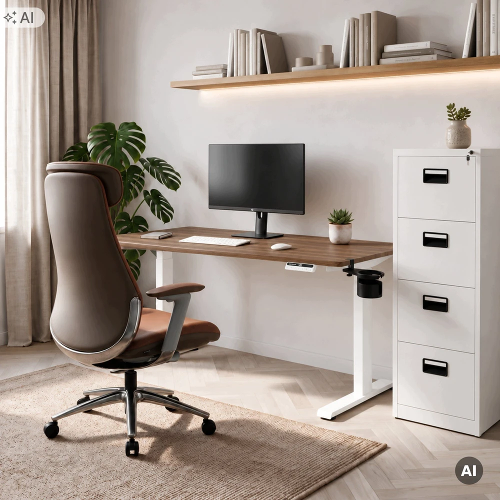Stalo Jan Nowak Elektrinis aukštį reguliuojantis ergonominis baltas/riešutmedis, 1400x700 mm: Aria (5907367517422)