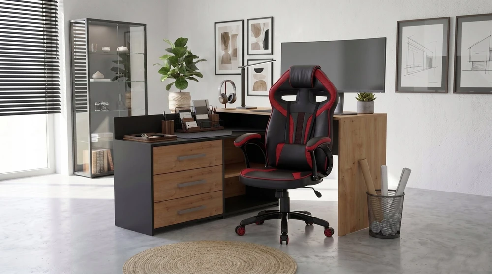 Biurko Rinkinys Biurko Dany Narożne Antracyt / Dąb Artisan + Fotel Drift Raudona