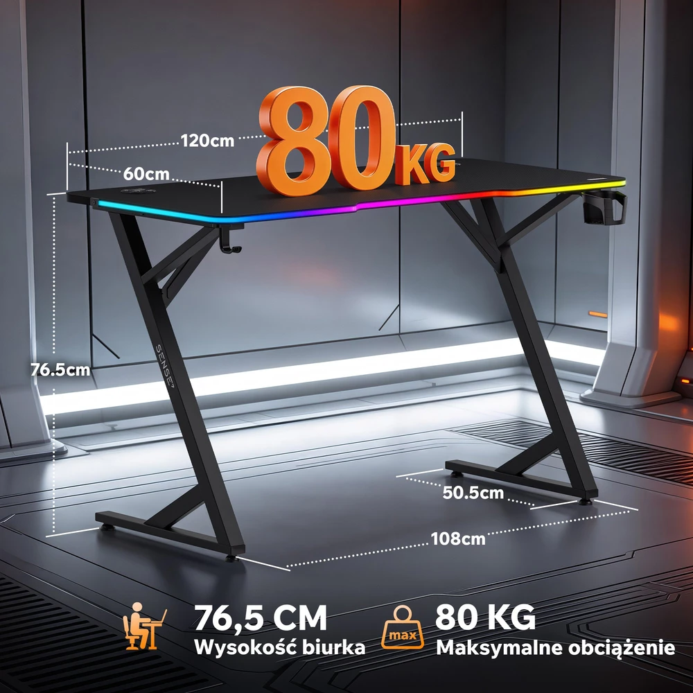Biurko SENSE7 VOLT RGB juoda 120x60
