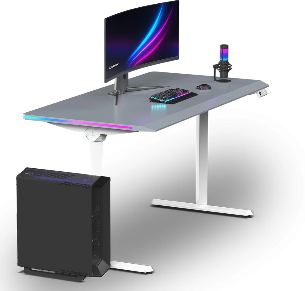 ULTRADESK Biurko dla gracza QUEST, 140x70cm, 72-120cm, balta ir-pilka