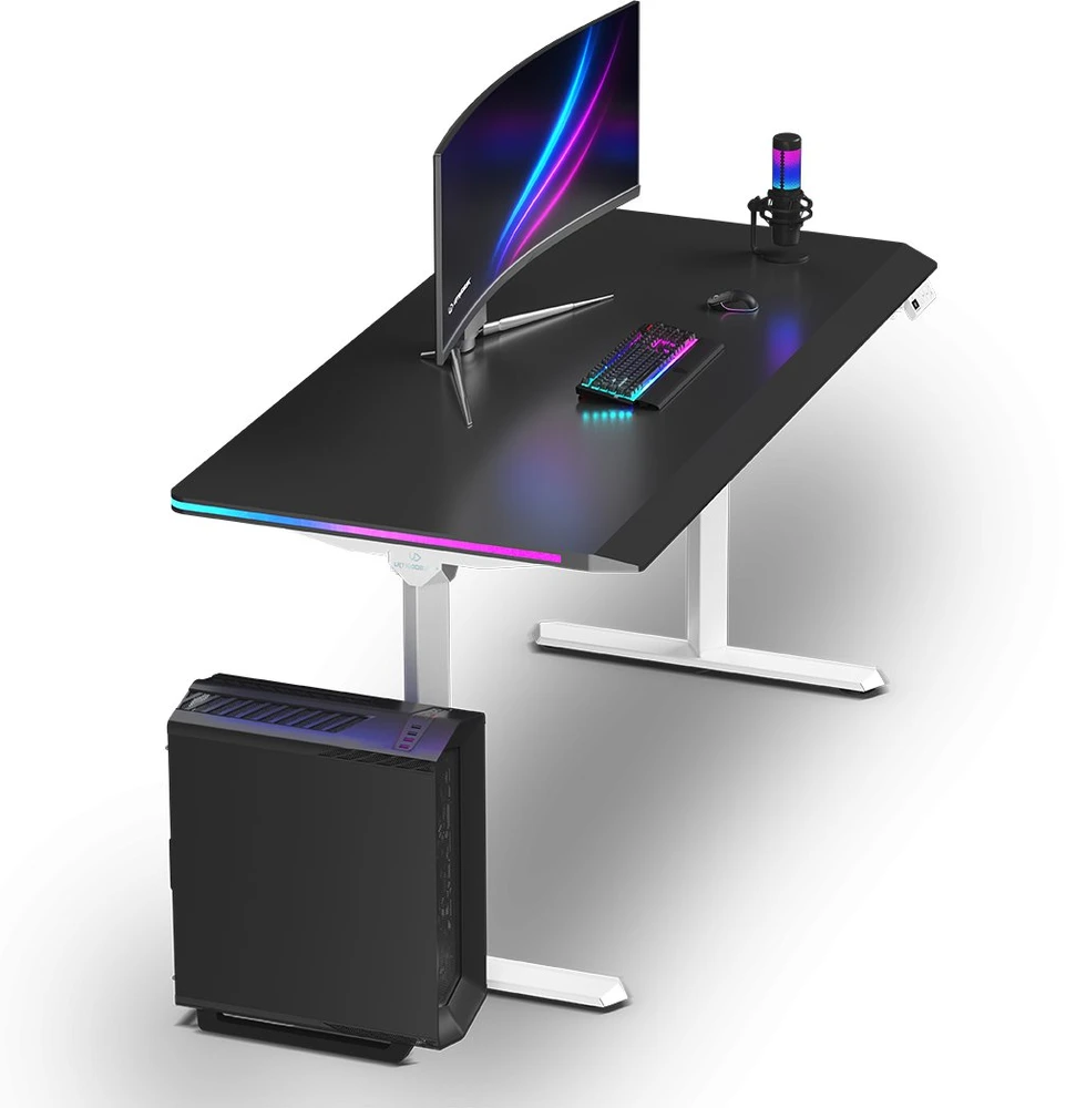 ULTRADESK Biurko dla gracza QUEST, 140x70cm, 72-120cm, baltai-juodas