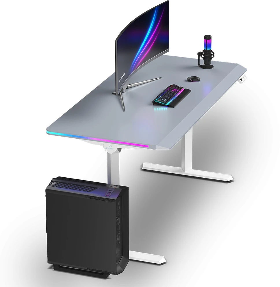 ULTRADESK Biurko dla gracza QUEST, 140x70cm, 72-120cm, balta ir-pilka