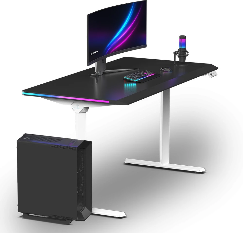 ULTRADESK Biurko dla gracza QUEST, 140x70cm, 72-120cm, baltai-juodas