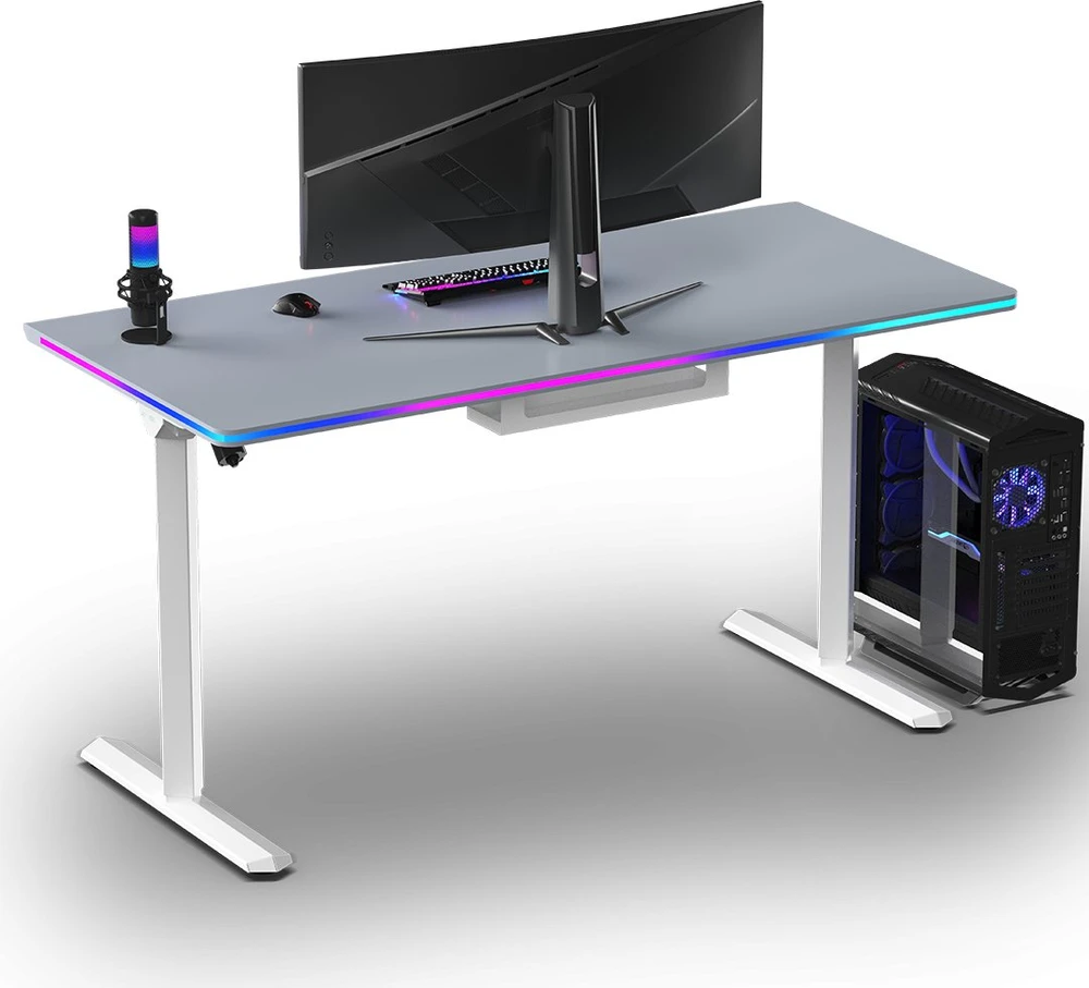 ULTRADESK Biurko dla gracza QUEST, 140x70cm, 72-120cm, balta ir-pilka