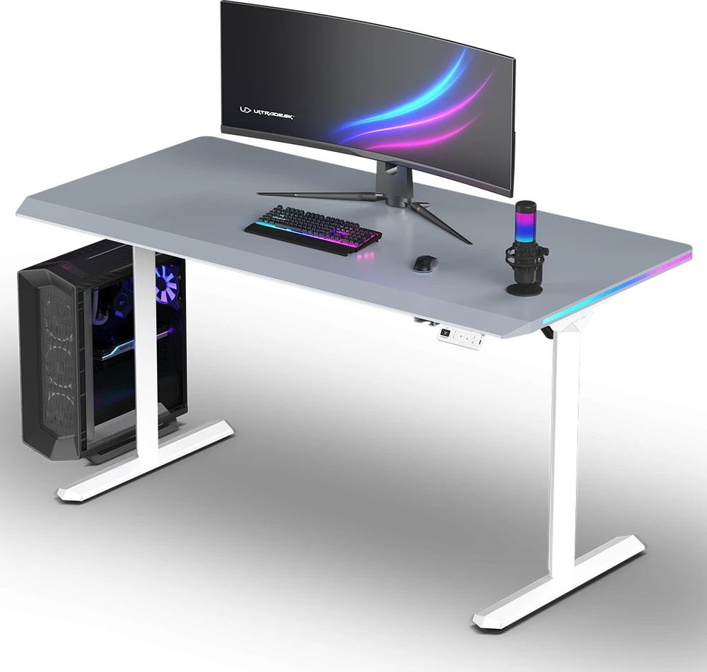 ULTRADESK Biurko dla gracza QUEST, 140x70cm, 72-120cm, balta ir-pilka