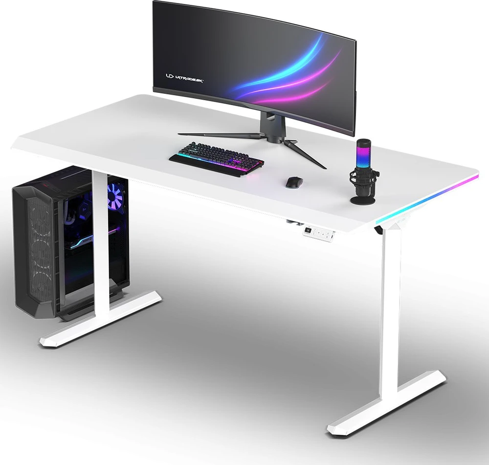 ULTRADESK Biurko dla gracza QUEST, 140x70cm, 72-120cm, balta-balta