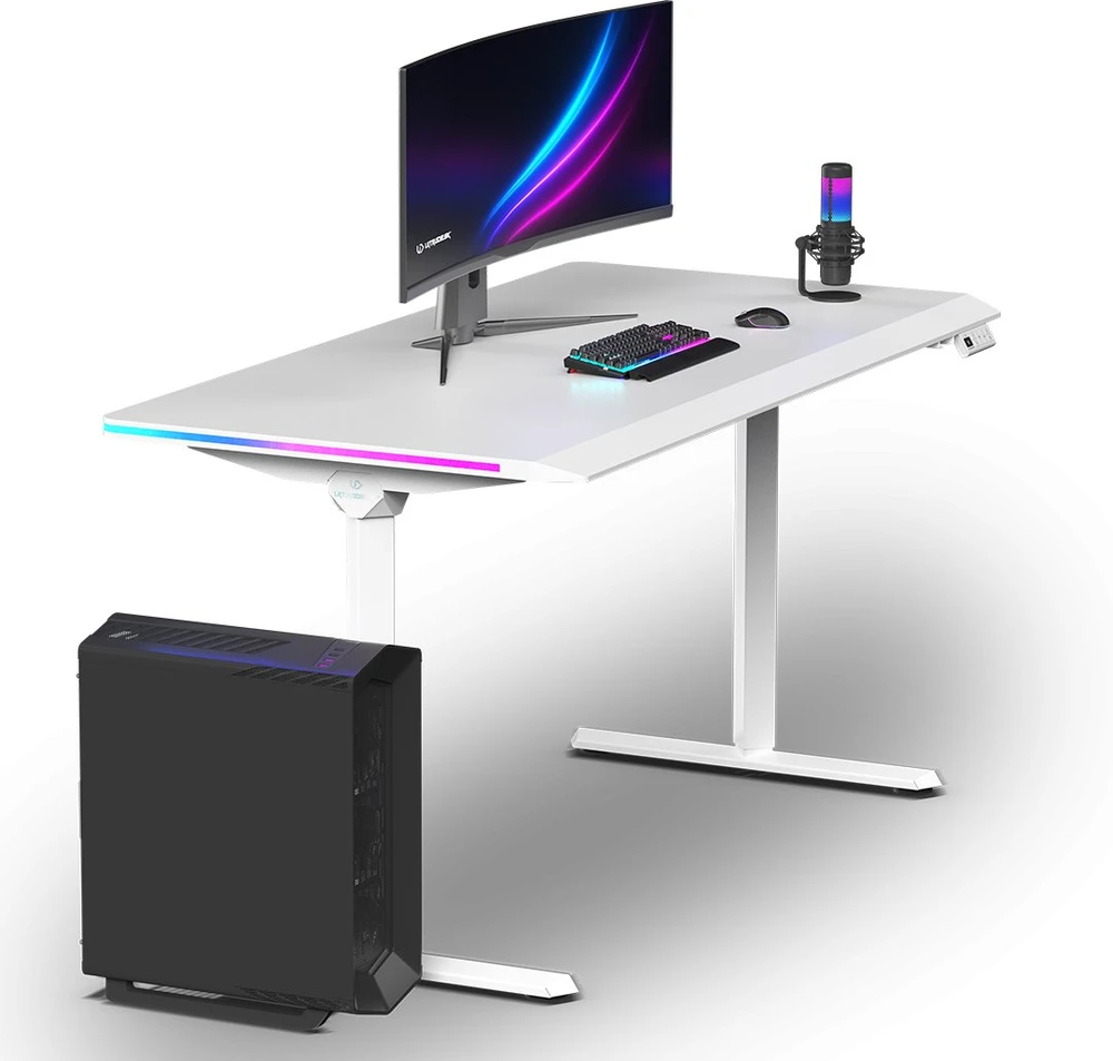 ULTRADESK Biurko dla gracza QUEST, 140x70cm, 72-120cm, balta-balta