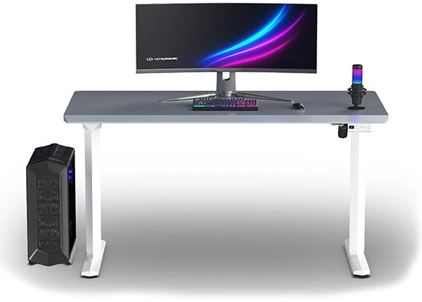 ULTRADESK Biurko dla gracza QUEST, 140x70cm, 72-120cm, balta ir-pilka