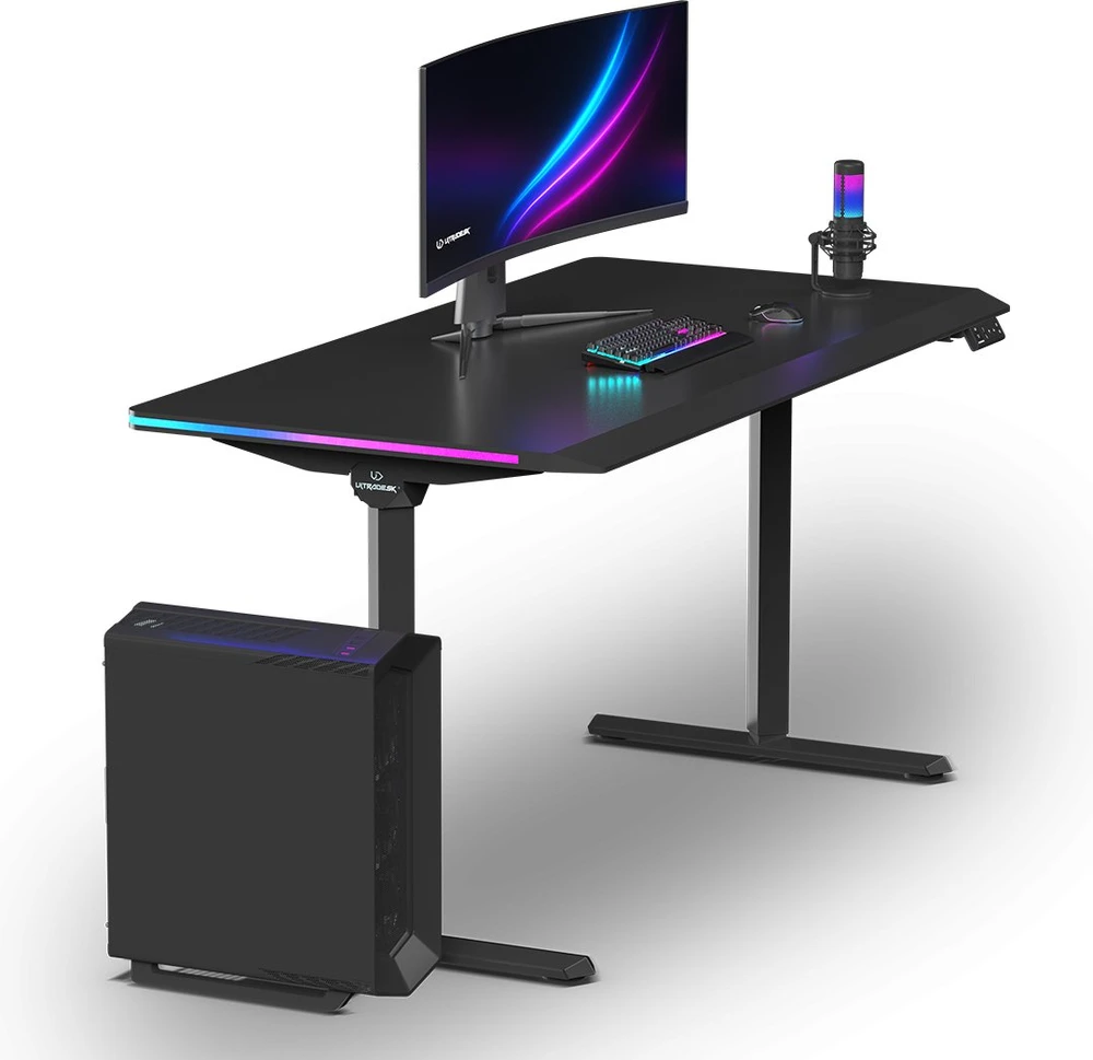 ULTRADESK Biurko dla gracza QUEST, 140x70cm, 72-120cm, juoda-juoda