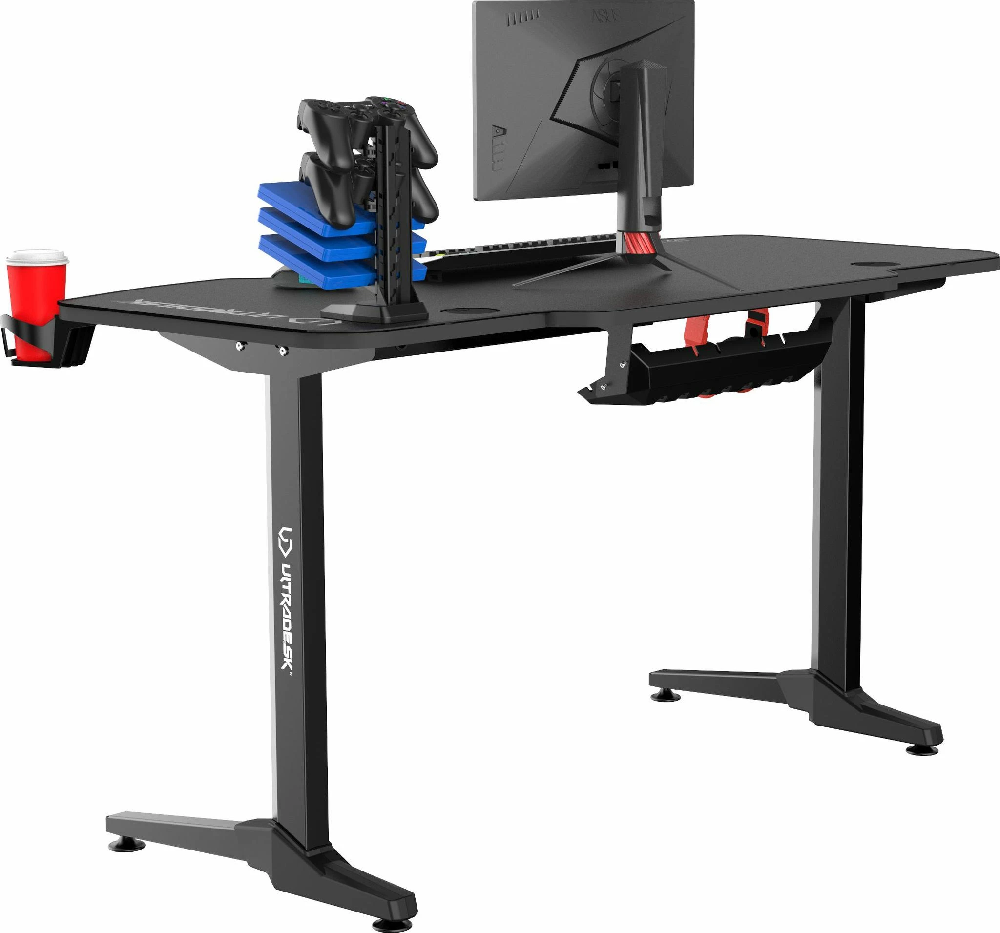 Žaidimų stalas Ultradesk Frag Gaming Desk, Juodas su juodu kilimėliu