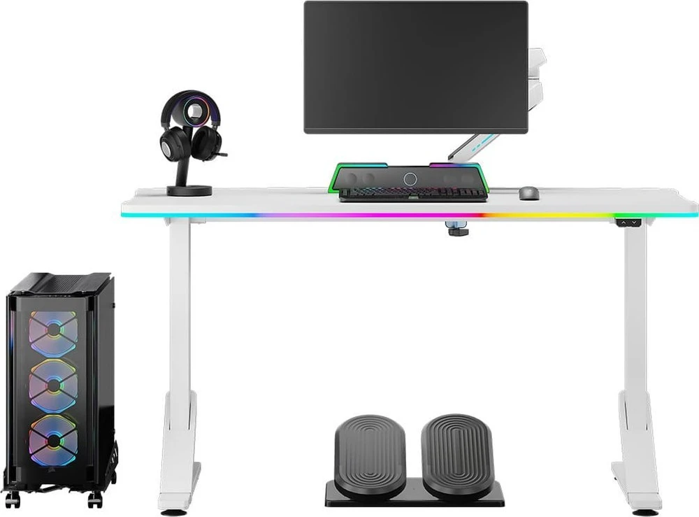 ULTRADESK IRON Baltas žaidimų stalas, 132,5x60,5 cm, 71-81 cm, mechaniškai reguliuojamas aukštis
