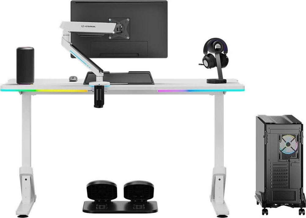 ULTRADESK IRON Baltas žaidimų stalas, 132,5x60,5 cm, 71-81 cm, mechaniškai reguliuojamas aukštis