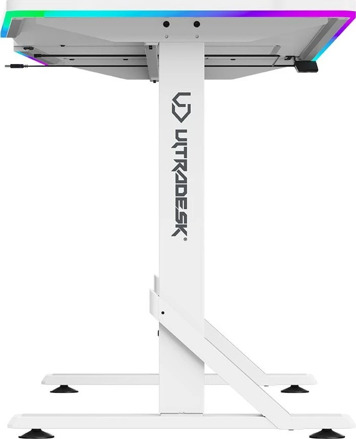 ULTRADESK IRON Baltas žaidimų stalas, 132,5x60,5 cm, 71-81 cm, mechaniškai reguliuojamas aukštis