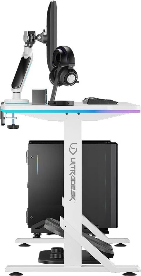 ULTRADESK IRON Baltas žaidimų stalas, 132,5x60,5 cm, 71-81 cm, mechaniškai reguliuojamas aukštis