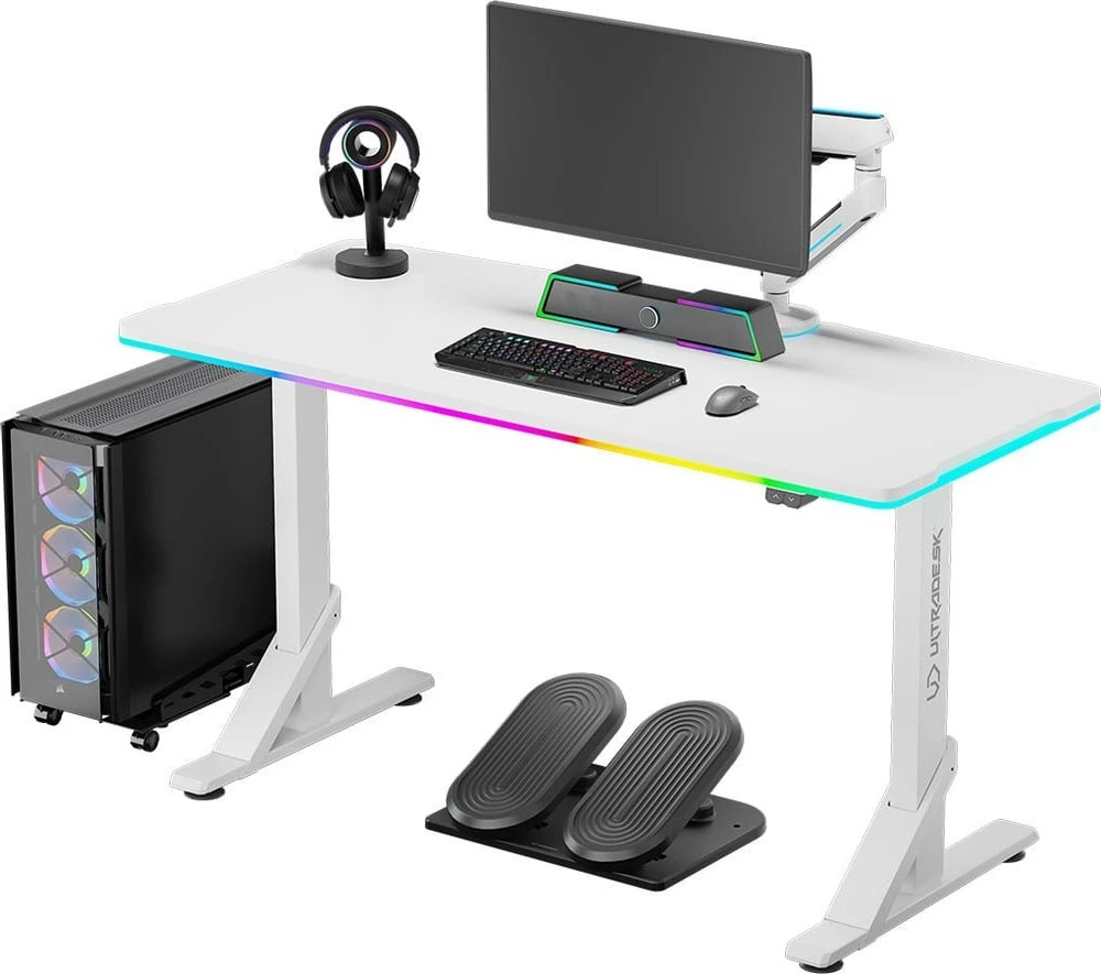 ULTRADESK IRON Baltas žaidimų stalas, 132,5x60,5 cm, 71-81 cm, mechaniškai reguliuojamas aukštis