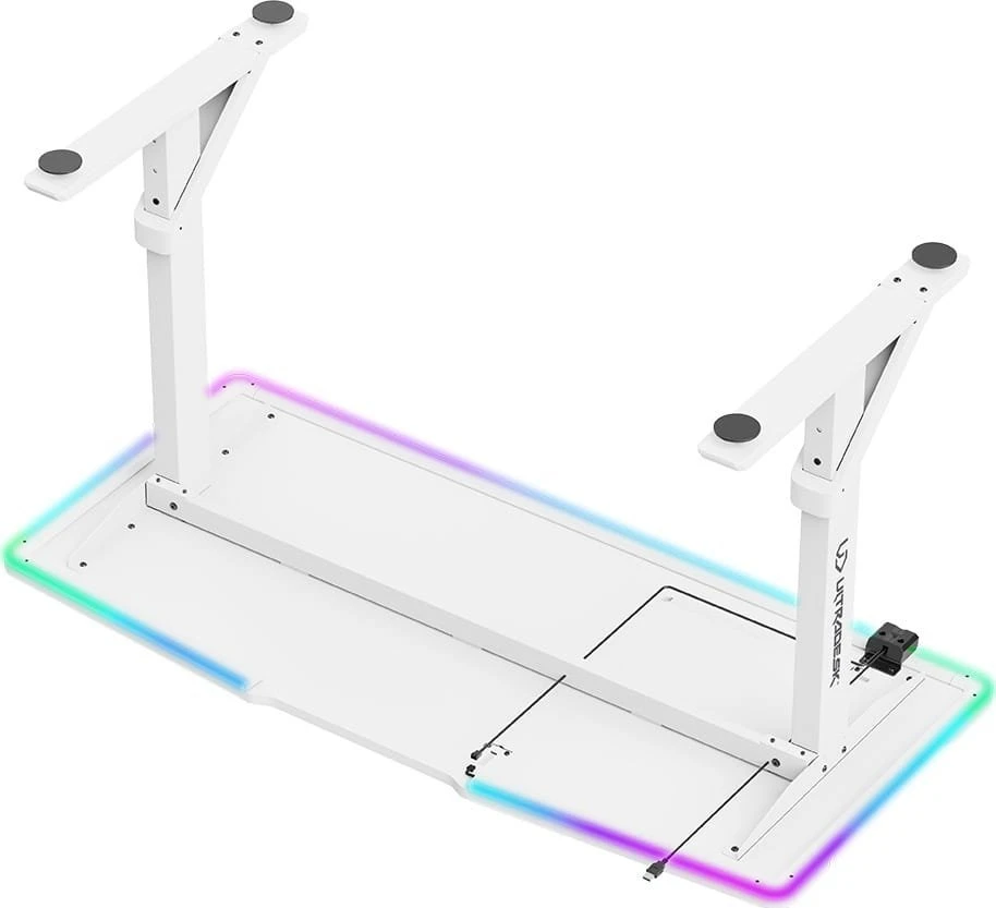 ULTRADESK IRON Baltas žaidimų stalas, 132,5x60,5 cm, 71-81 cm, mechaniškai reguliuojamas aukštis