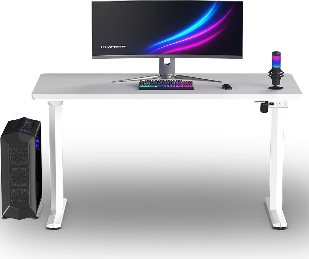 ULTRADESK Biurko dla gracza QUEST, 140x70cm, 72-120cm, balta-balta