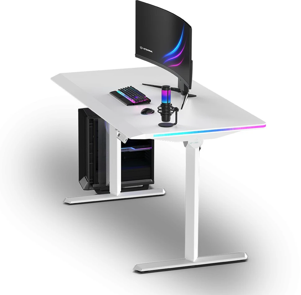 ULTRADESK Biurko dla gracza QUEST, 140x70cm, 72-120cm, balta-balta