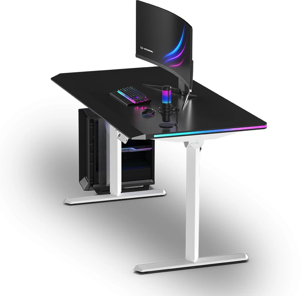 ULTRADESK Biurko dla gracza QUEST, 140x70cm, 72-120cm, baltai-juodas