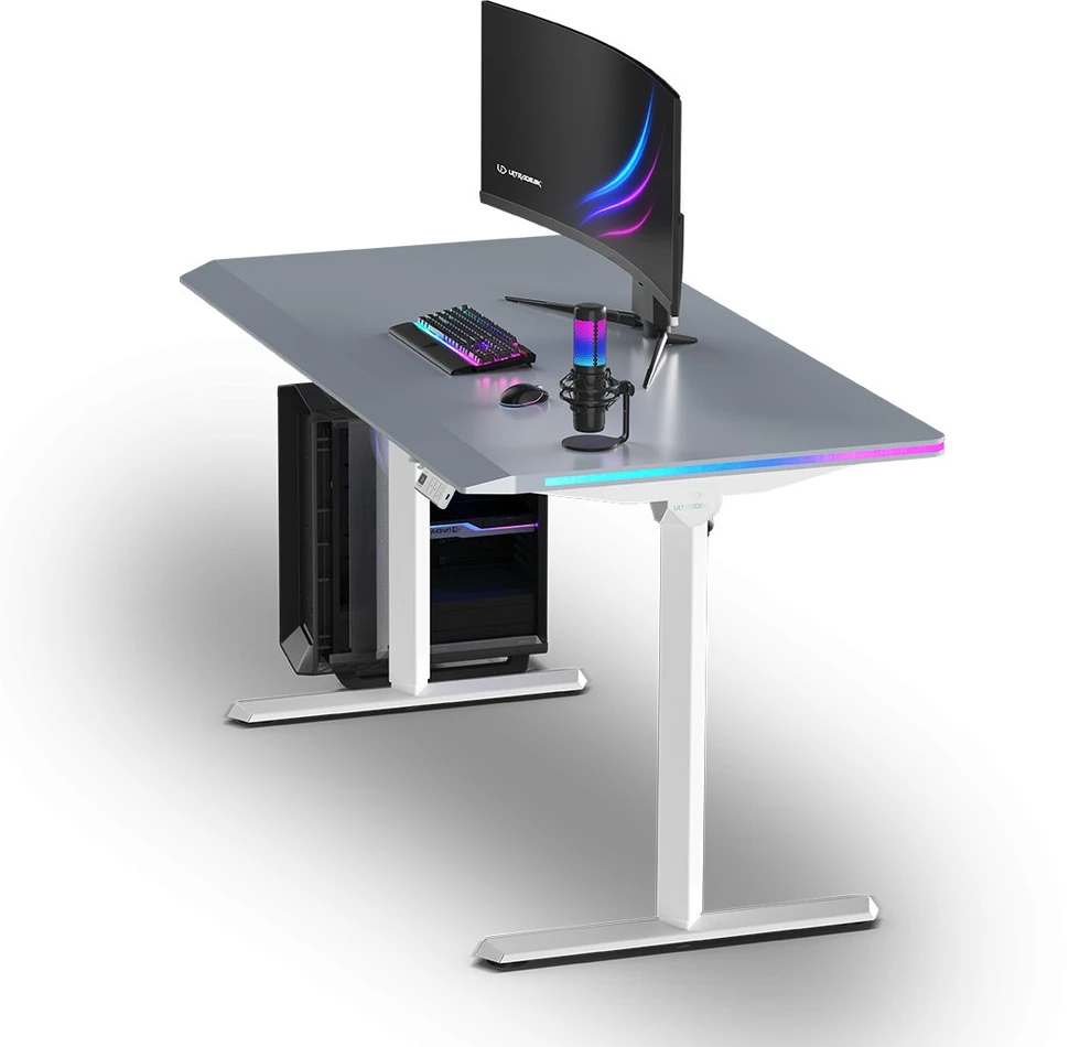 ULTRADESK Biurko dla gracza QUEST, 140x70cm, 72-120cm, balta ir-pilka