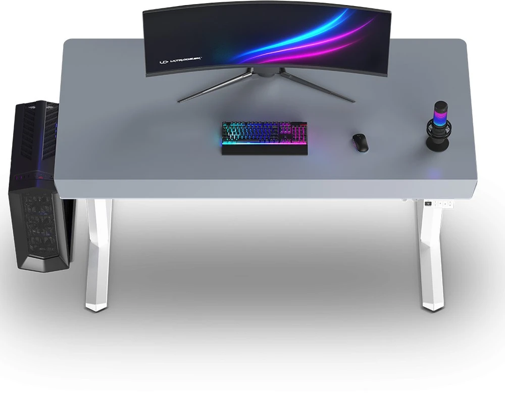 ULTRADESK Biurko dla gracza QUEST, 140x70cm, 72-120cm, balta ir-pilka