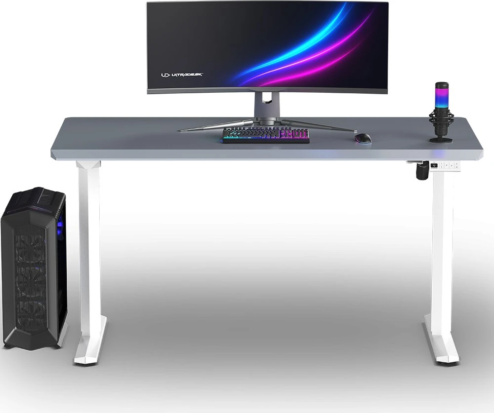 ULTRADESK Biurko dla gracza QUEST, 140x70cm, 72-120cm, balta ir-pilka