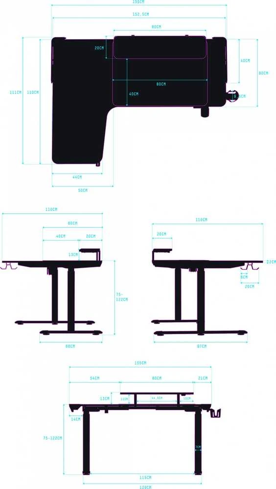 Reguliuojamo aukščio kampinis žaidimų stalas Ultradesk Winger LED RGB, Juodos spalvos