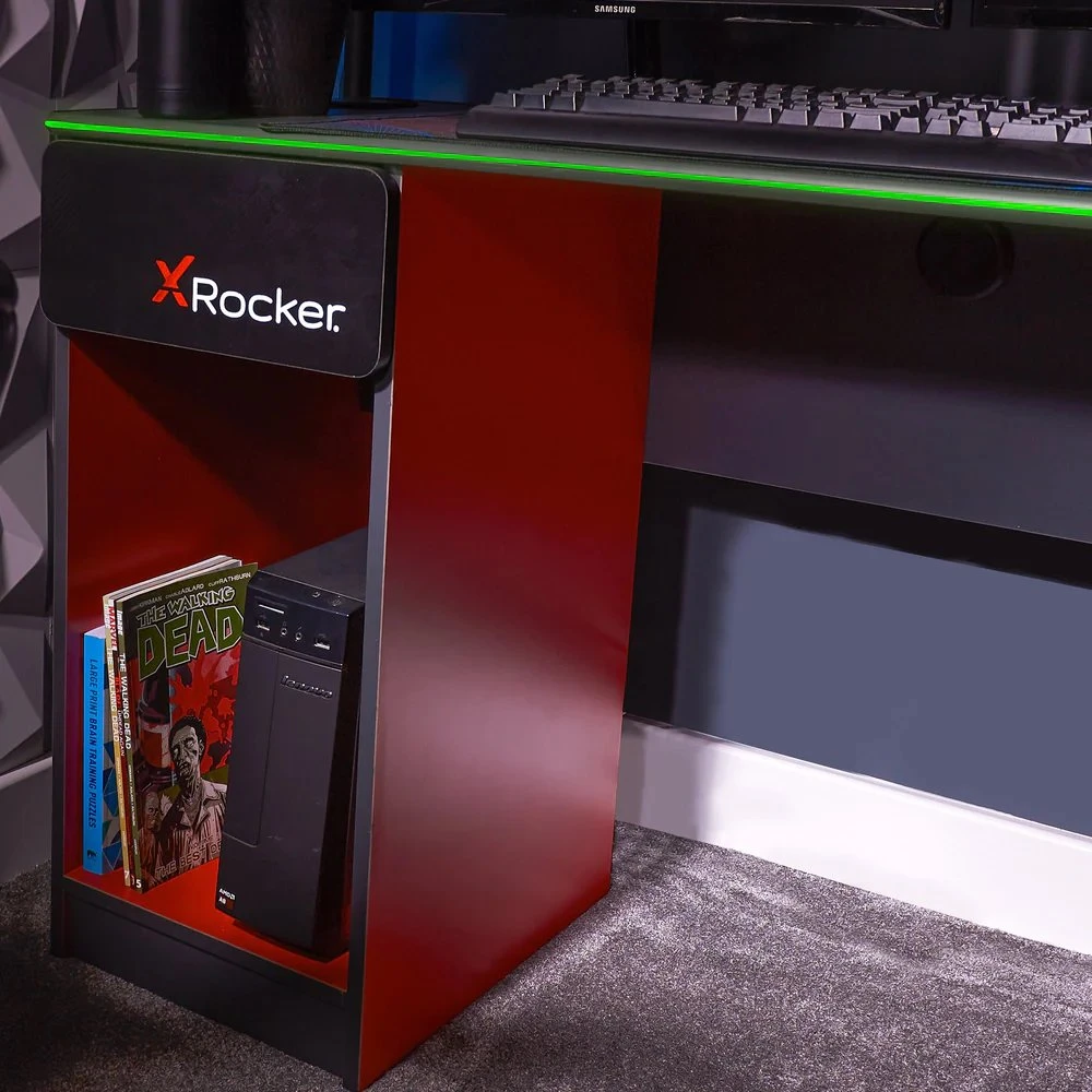 „X Rocker Carbon-Tek“ žaidimų stalas su LED apšvietimu ir belaidžiu įkrovimo padėklu – pilkas/raudonas