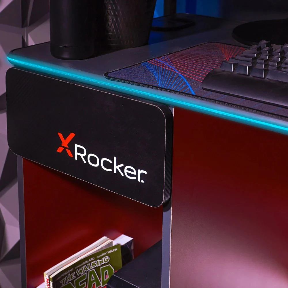 „X Rocker Carbon-Tek“ žaidimų stalas su LED apšvietimu ir belaidžiu įkrovimo padėklu – pilkas/raudonas