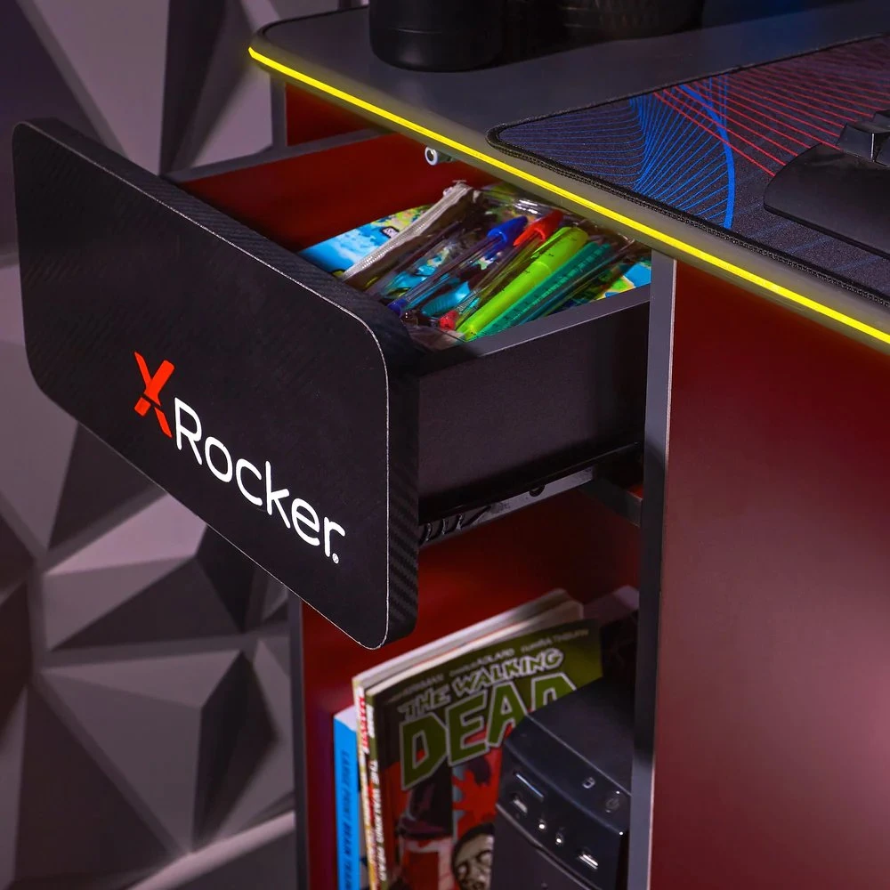 „X Rocker Carbon-Tek“ žaidimų stalas su LED apšvietimu ir belaidžiu įkrovimo padėklu – pilkas/raudonas