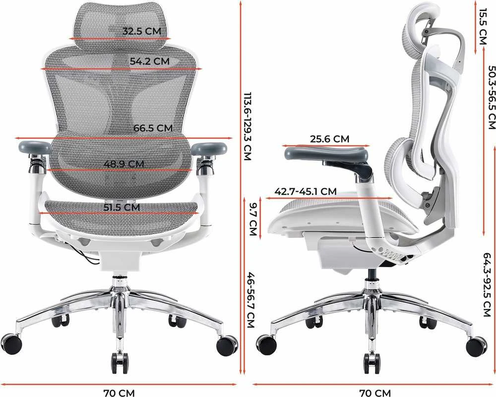 Sihoo DORO C300 Pro kėdės techninių matmenų schema