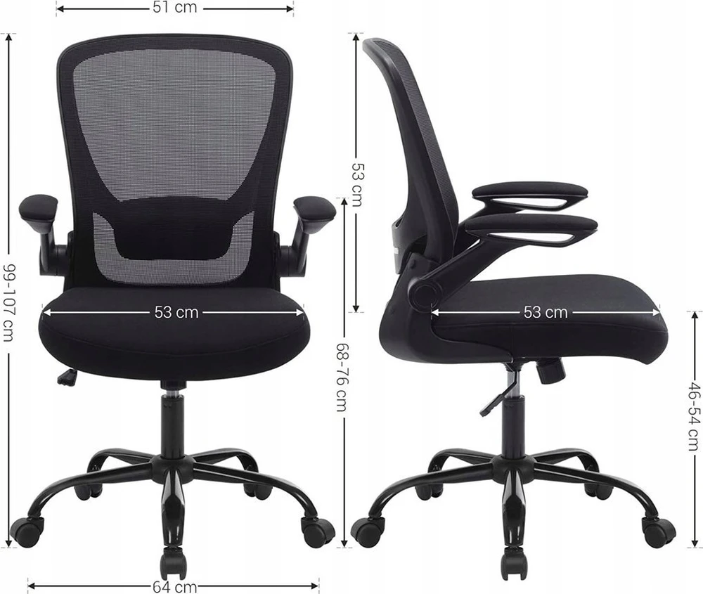 SONGMICS biuro kėdė su tinkline atkalte, ergonomiška, sulankstomais porankiais, juoda OBN37BK