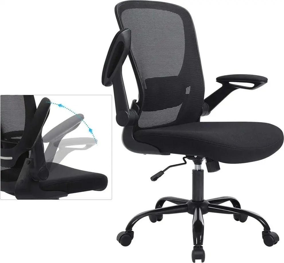 SONGMICS biuro kėdė su tinkline atkalte, ergonomiška, sulankstomais porankiais, juoda OBN37BK